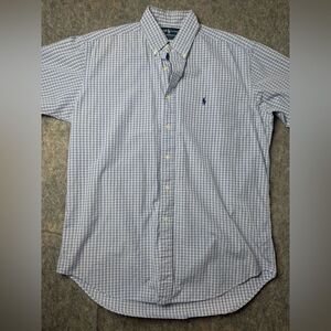 Ralph Lauren Shirt Men's Medium White Blue Plaid 2-Ply Cotton Blake Button-Down